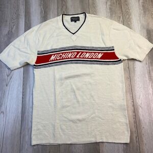 VINTAGE Michiko London Shirt Mens Large White Red Slim V-Neck Terry Y2K Men